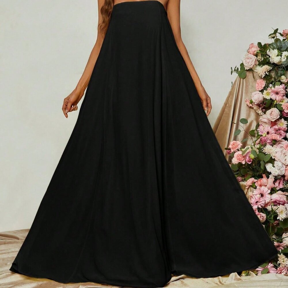 Black Elegant Women's Sophisticated Off-The-Shoulder A-Line Evening Gown - Picture 5 of 6